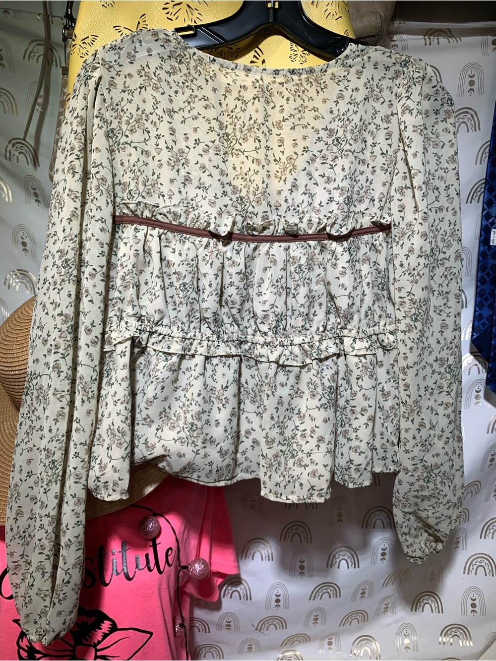 Boho Floral Peasant Top with Tie - Cream - Picture 6 of 7